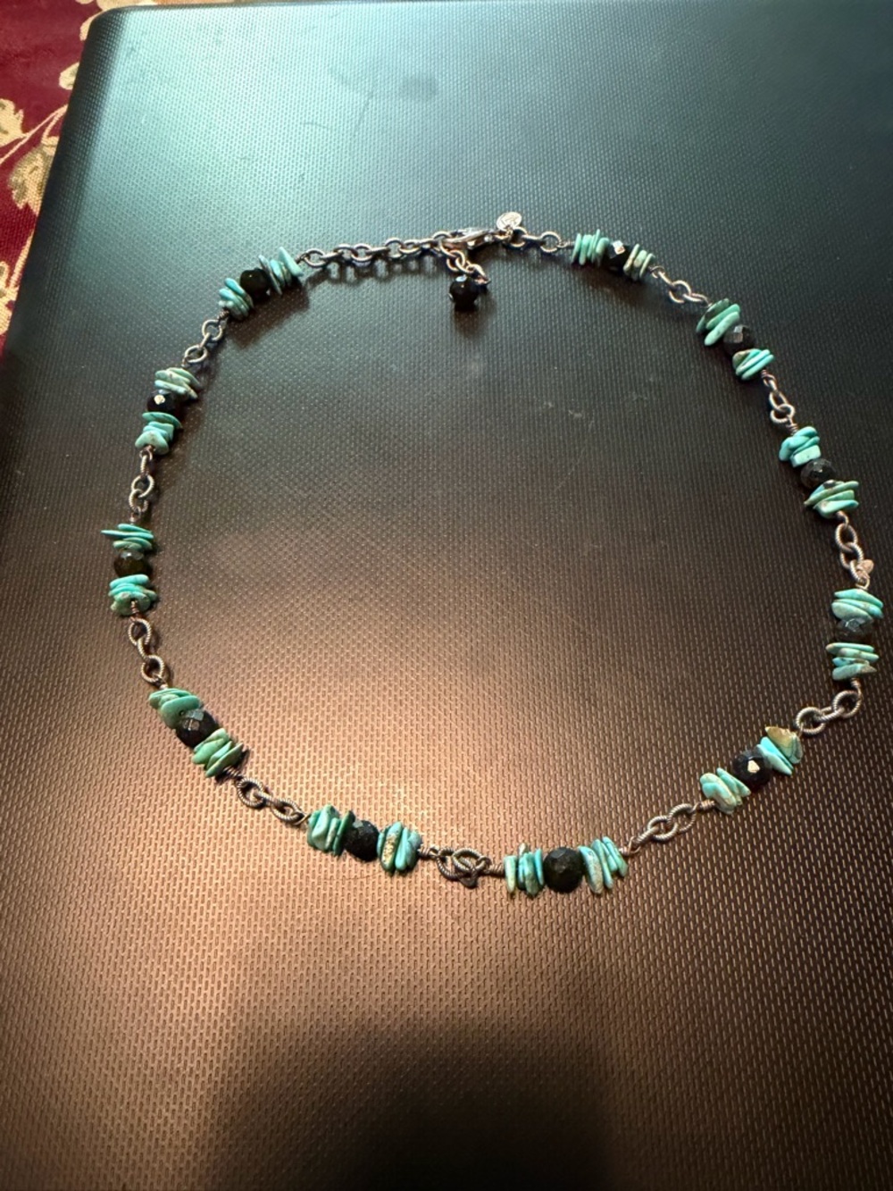 Turquoise Chip and Black Bead Necklace - Women Jewelry - Picture 2 of 3